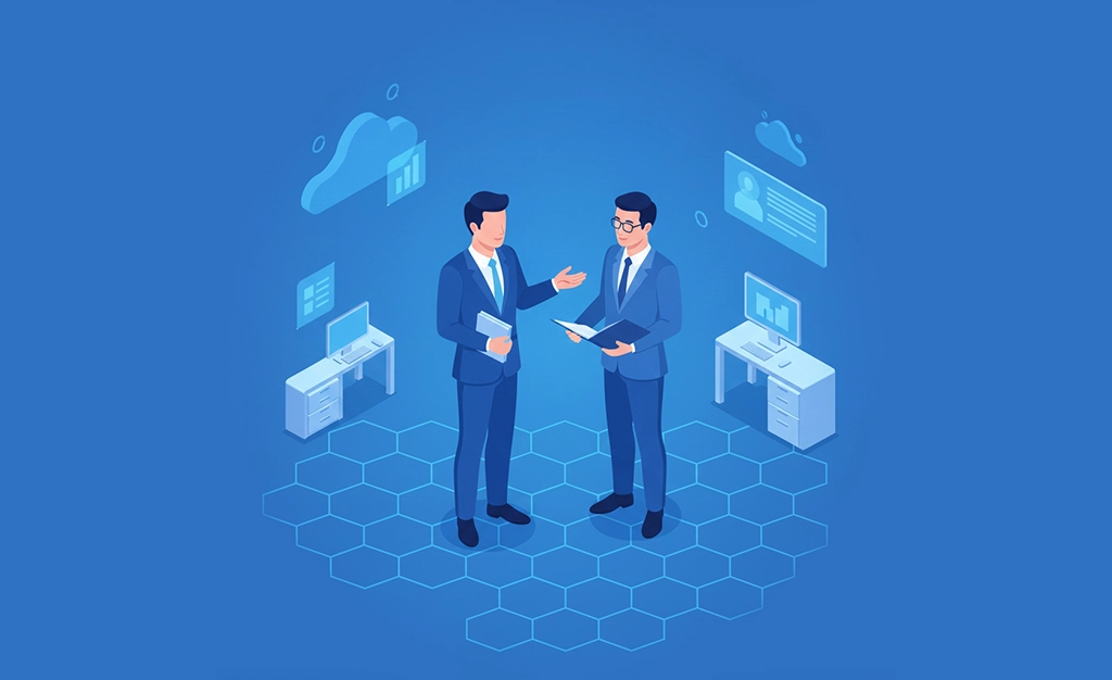 Two businessmen talking to each other with papers in their hands, with an office background. A blue theme and in isometric vector illustration.