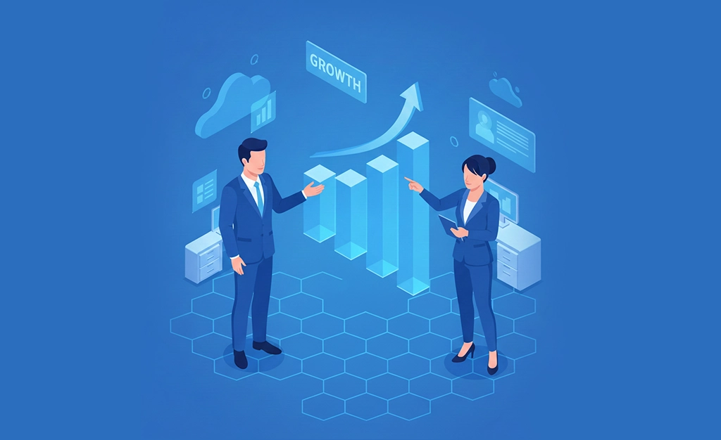 A Businessman and a business woman analyzing business bar graph with growth for business success. A blue theme and in isometric vector illustration.