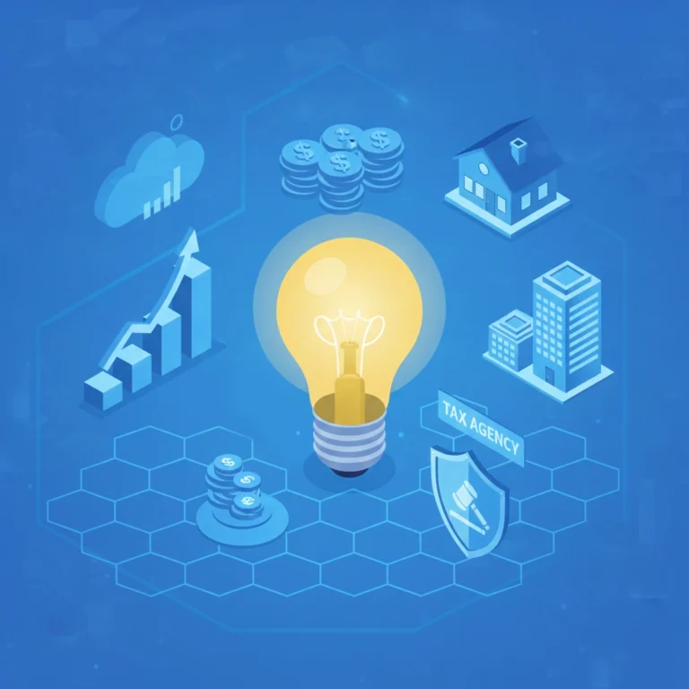 A yellow lightbulb in the center with graph, estate, tax agency, dollar amount are around the lightbulb. A blue theme and in isometric vector illustration.
