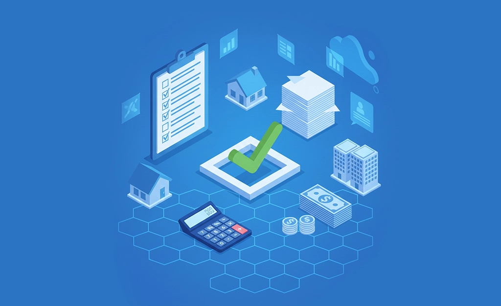 A green checkmark in a checkbox in the center with checklist, paper pile, money, calculator, property estate. A blue theme and in isometric vector illustration.