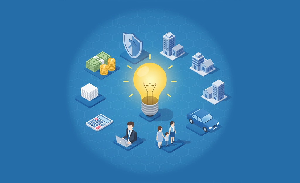 A yellow lightbulb in the center, with dollar bills, coins, trust shield, real estates, family, car, paper, a business man, and calculator. A blue theme and in isometric vector illustration.